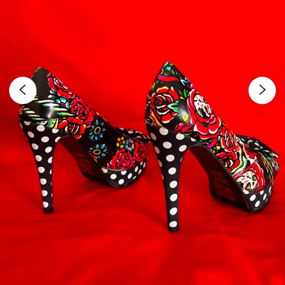 Iron Fist Skull & Roses Polka Dot Peep Toe Heels